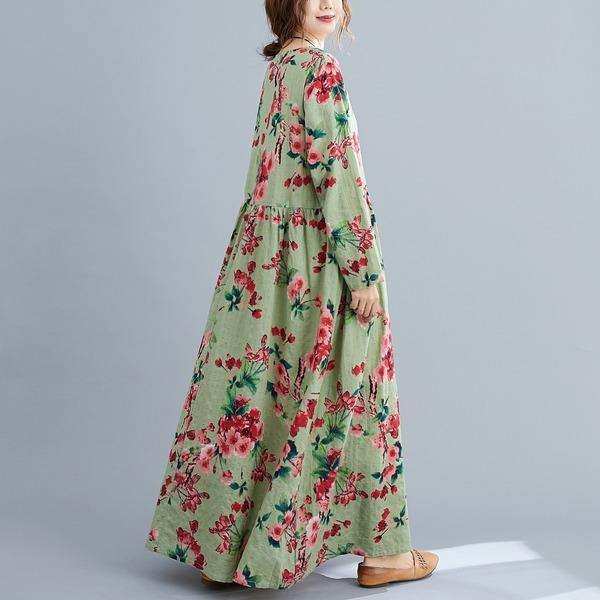 Autumn Vintage Style O-neck Floral Print Ladies Cotton Linen Long Dresses - Omychic