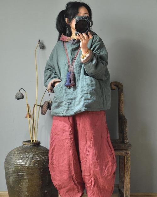 Women Linen Patchwork Hooded Coat Parkas Ladies Vintage Flax Tops Female 2020 Outerwear 2020 Autumn Winter - Omychic