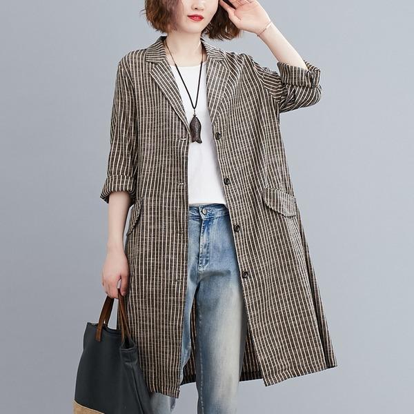 plus size cotton linen vintage stripe casual loose long autumn spring trench coat - Omychic
