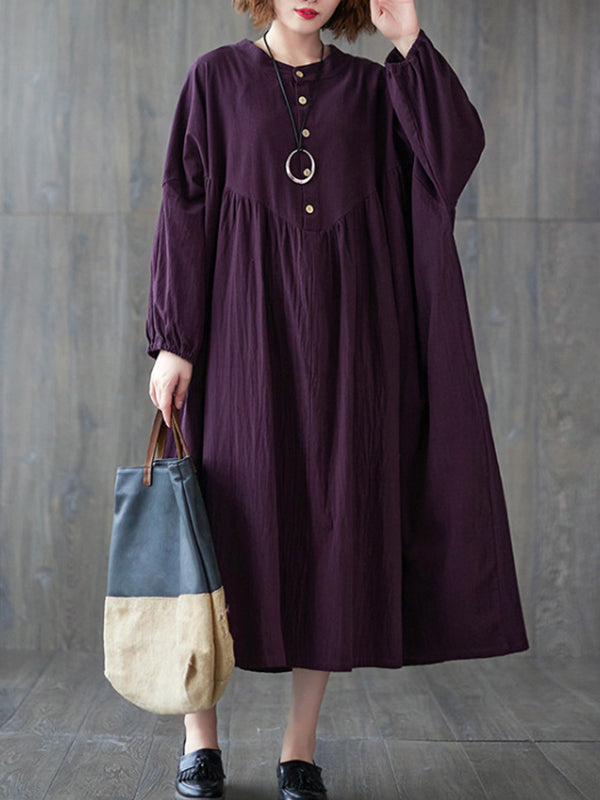 Pleated Solid Color Loose Stand Collar Midi Dress