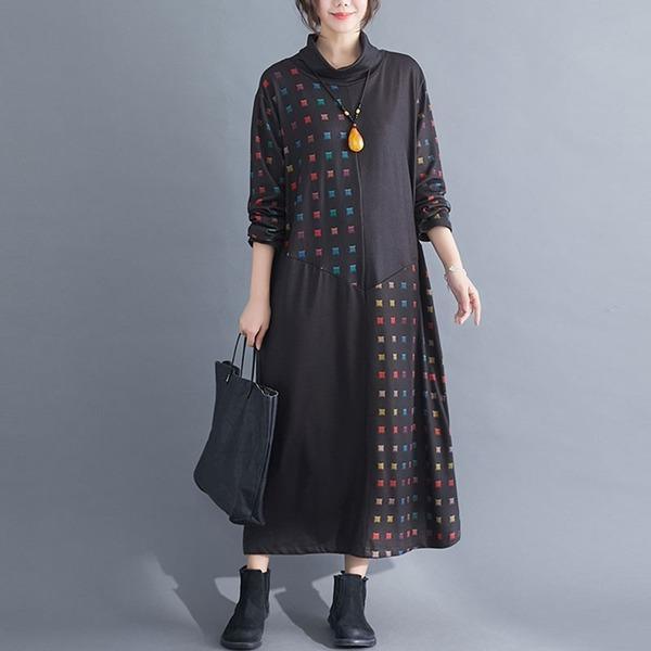 Women Casual Long Dress New Arrival  Style Turtleneck Patchwork Print Loose Female Dresses - Omychic