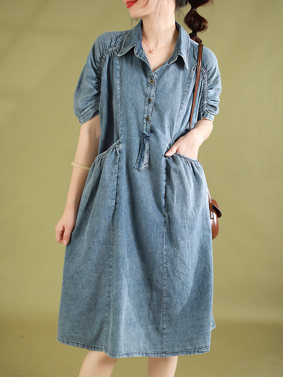 Women Summer Retro Pocket Stitching Button Denim Dress