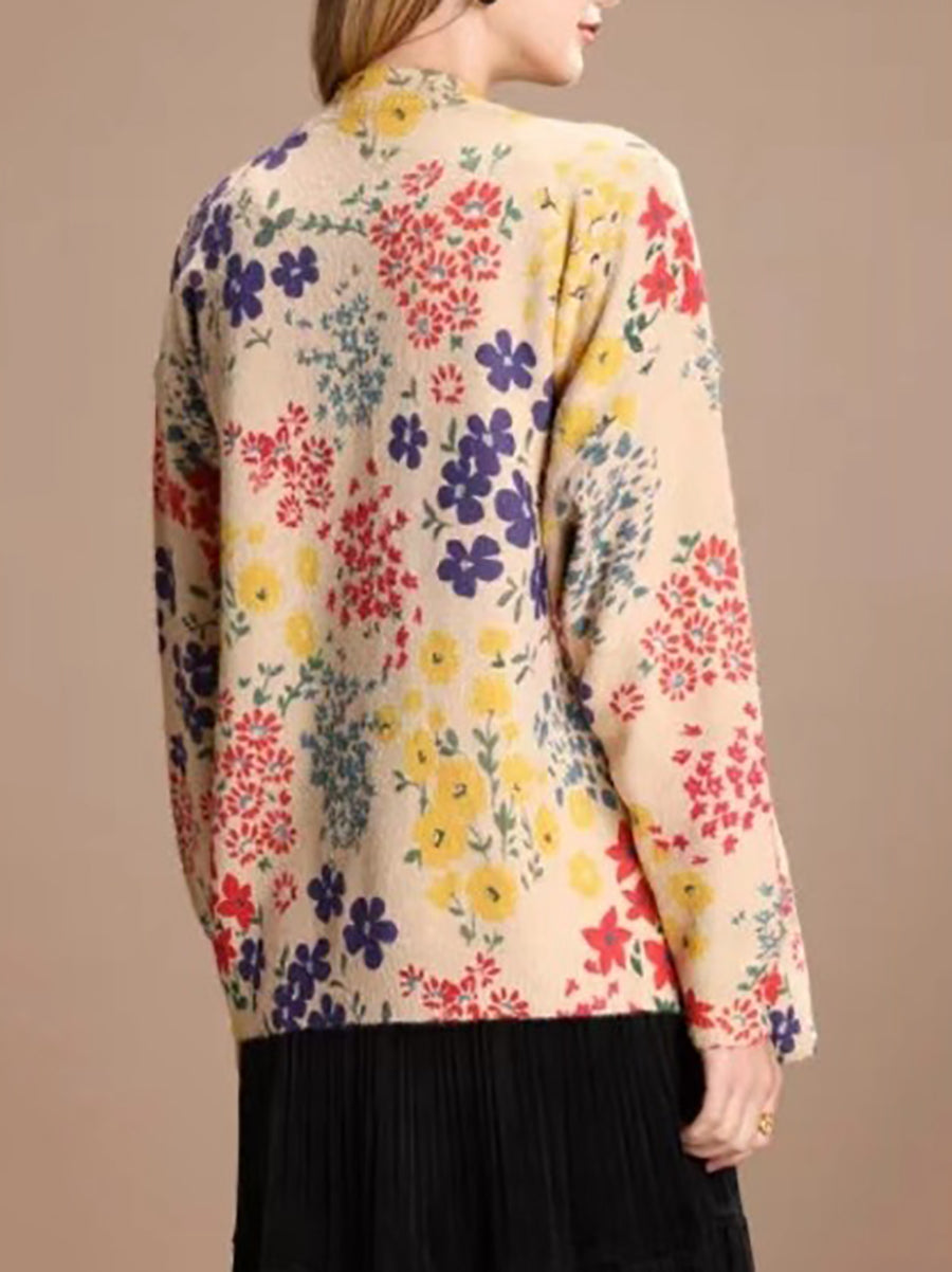 Women Casual Flower V-Neck Winter Cardigan Sweater