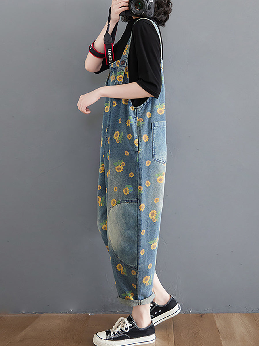 Vintage Sunflower Worn Pocket Denim Jumpsuits Summer