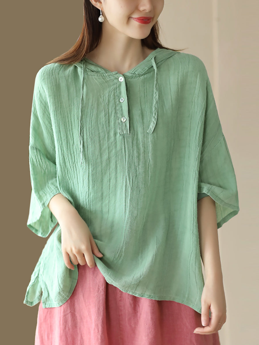 Casual Solid Color Button Drawstring Loose Hooded Shirt
