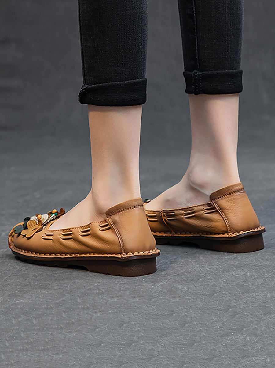 Women Summer Vintage Floral Spliced Leather Flat Shoes