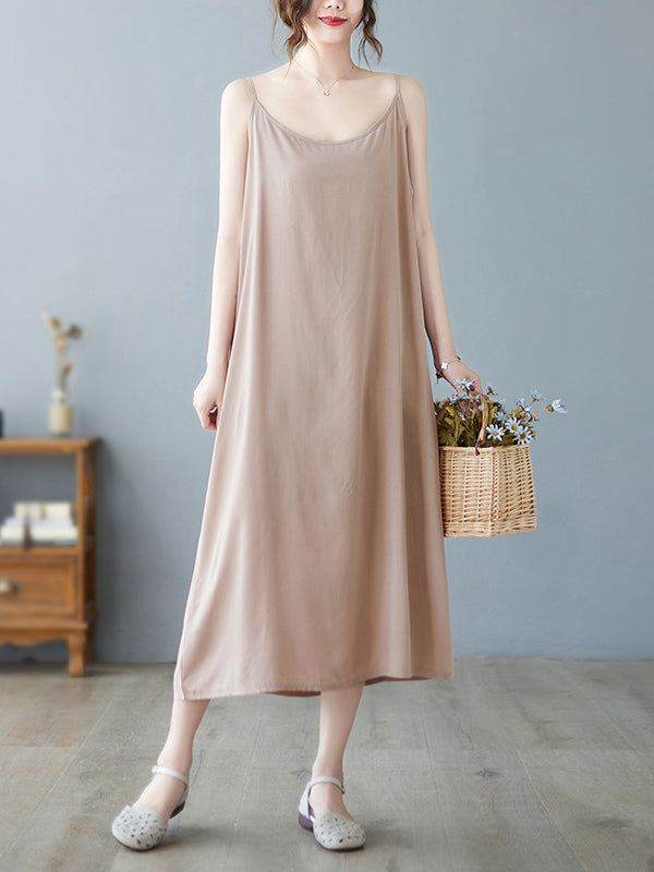 Casual Solid Color Spaghetti-Neck Midi Dress