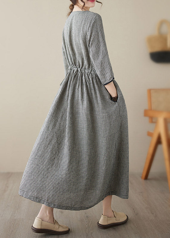 Chic V Neck Plaid Patchwork Button Linen Maxi Dress