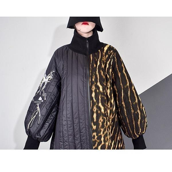 Patchwork Leopard Parkas Women Casual Trendy Fashion New Style Turtleneck Collar Long Lantern Sleeve Personality - Omychic