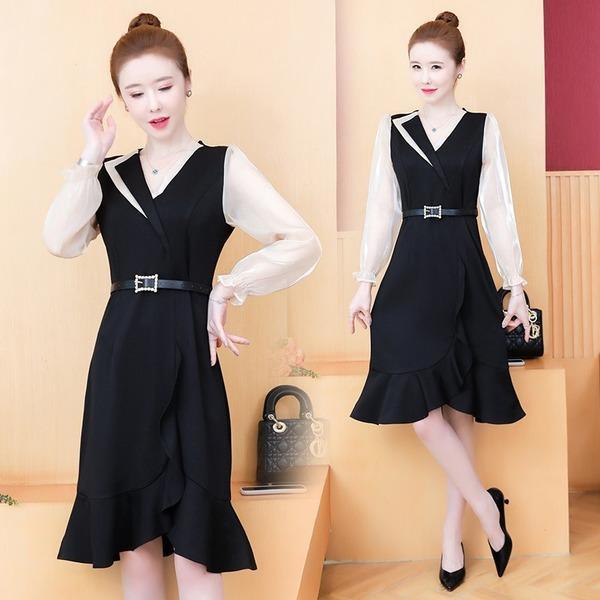 long sleeve black plus size ruffle women casual midi autumn dress - Omychic