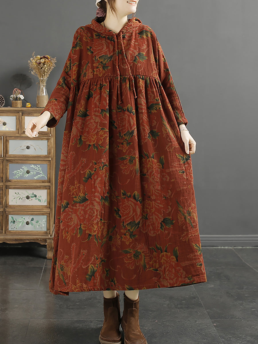Loose Retro Floral Shirred Hooded Dress Long Sleeve