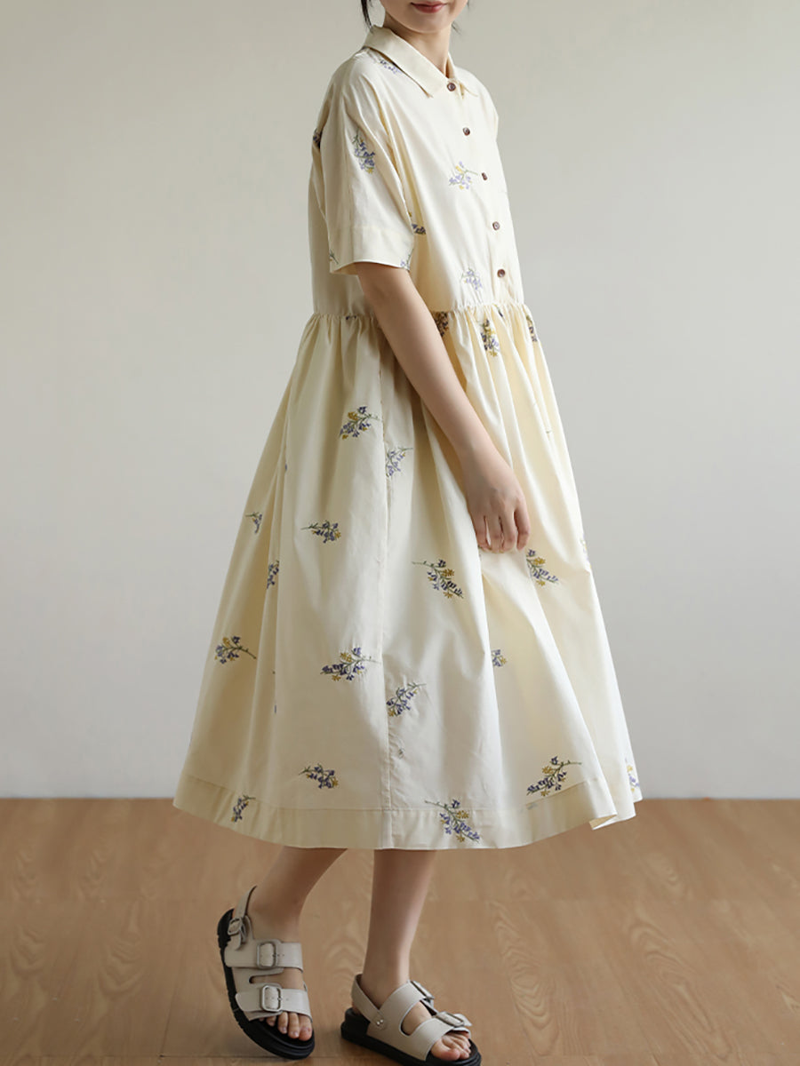 Casual Flower Embroidery Polo Collar Button Pleated Dress