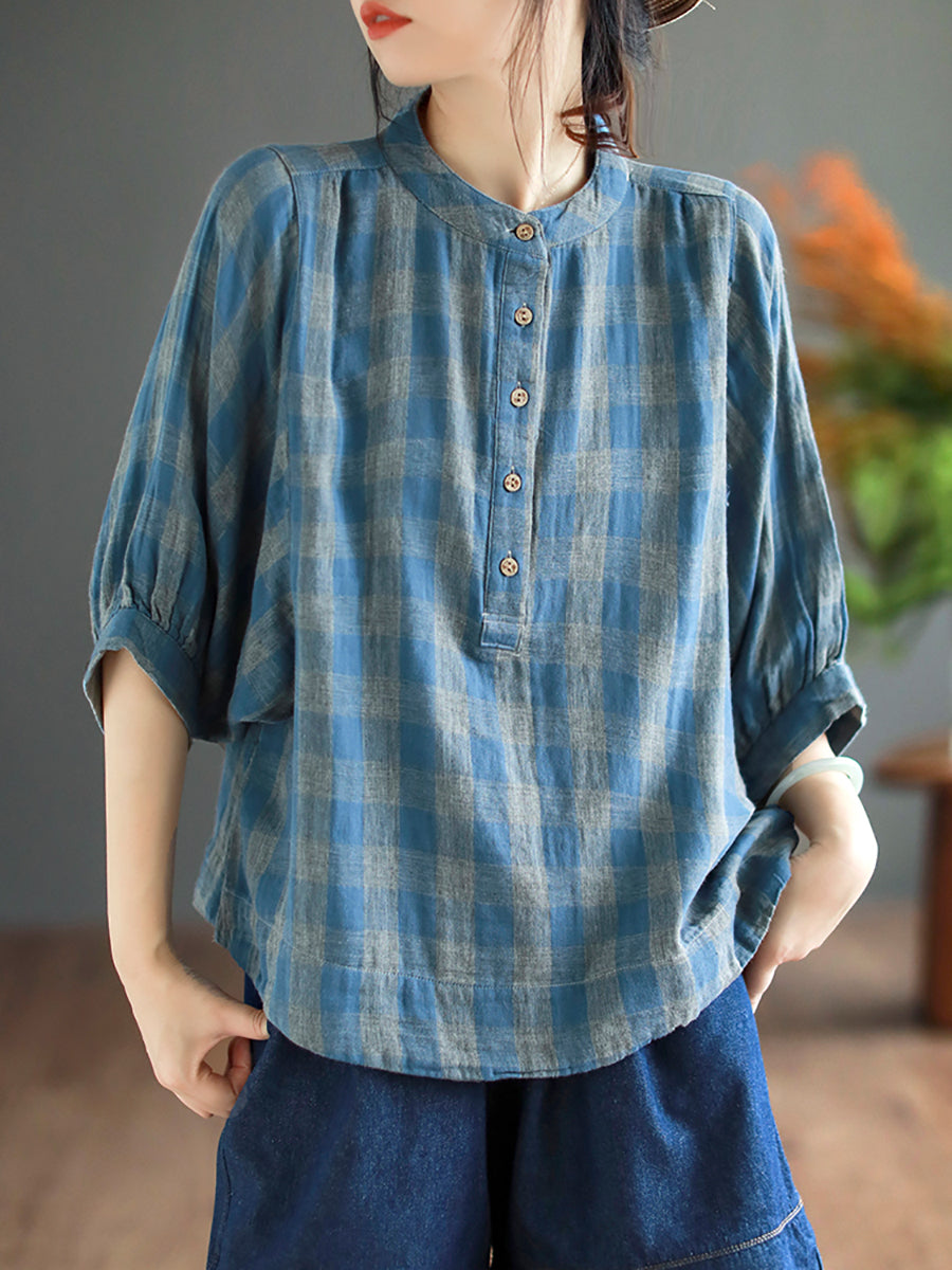 Retro Plaid Button Batwing Sleeve Cotton Shirt