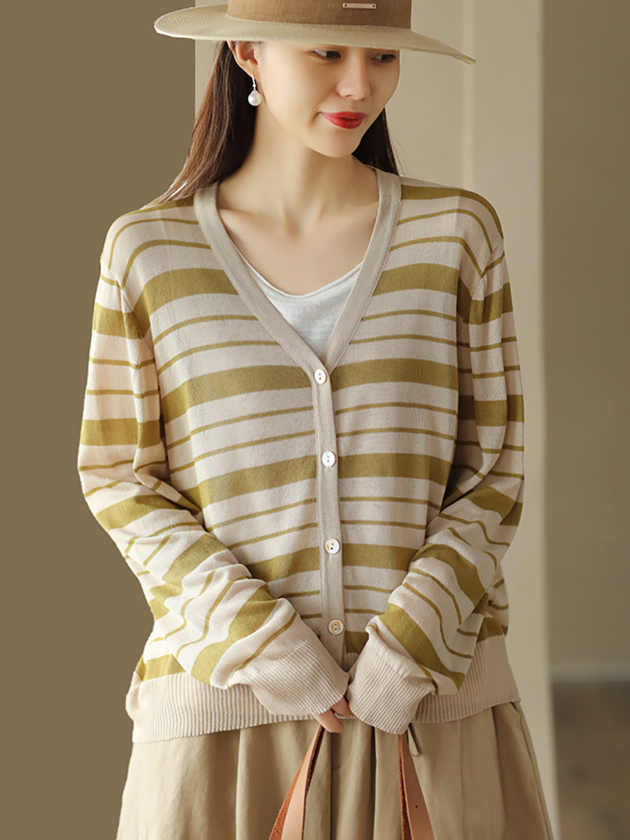 Women Summer Stripe Casual Knitted Linen Cardigan Shirt