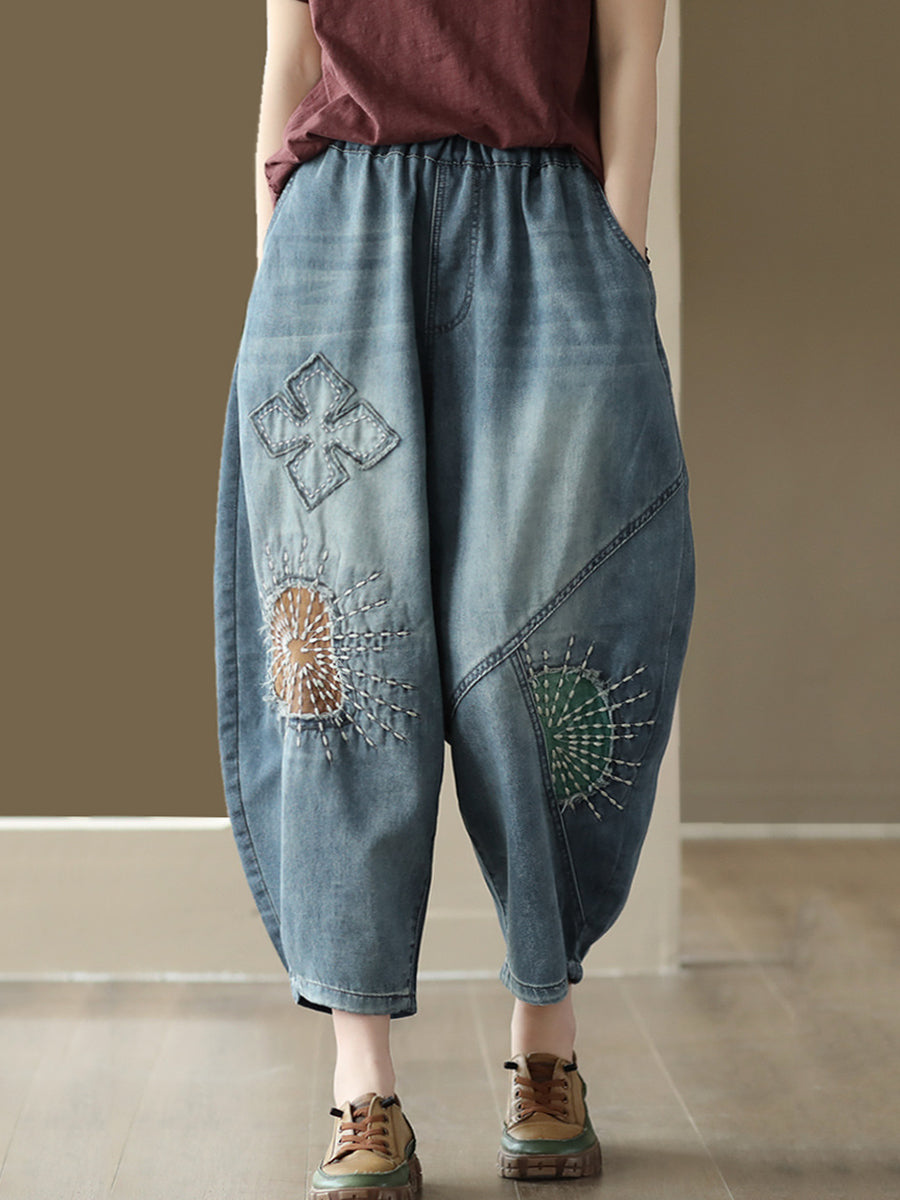 Casual Retro Patch Stitching Pocket Denim Pants