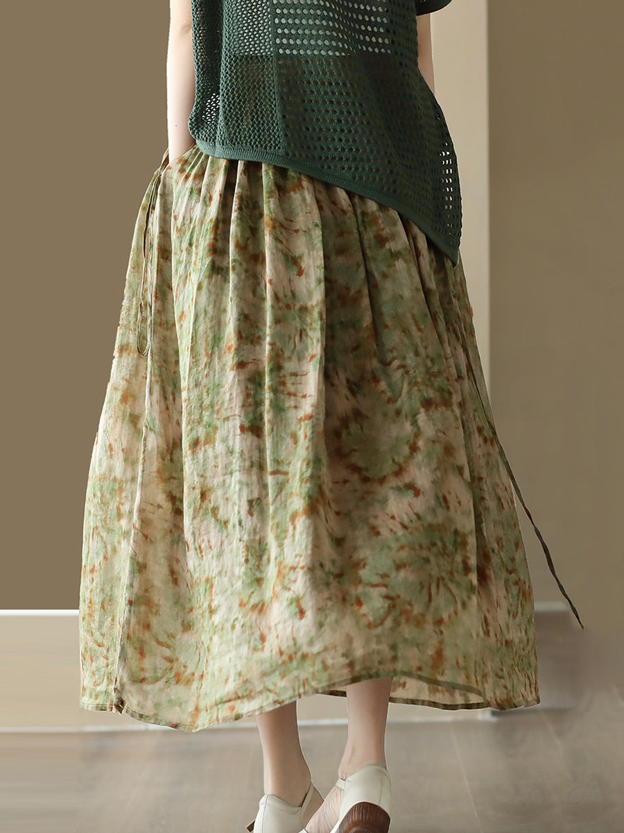 Casual Summer Artsy Floral Drawstring Loose Ramie Skirt