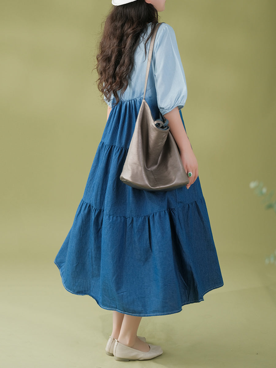 Women Summer Casual Gradient Pleated Loose Denim Dress