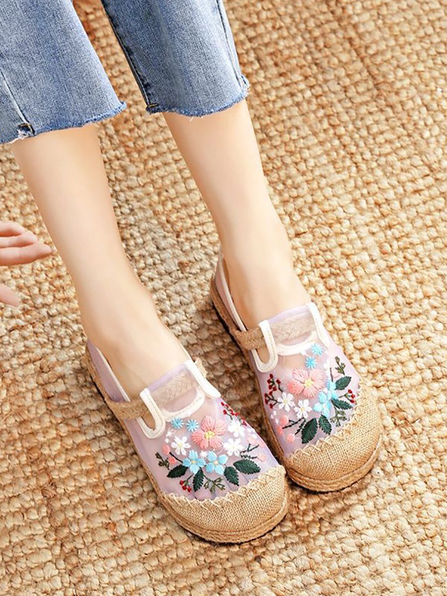 Women Summer Embroidery Flower Straw Flat Shoes