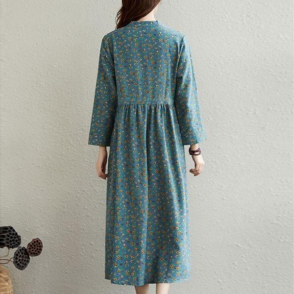 Autumn Vintage Style Floral Print Stand Collar Loose Female Casual Dresses - Omychic