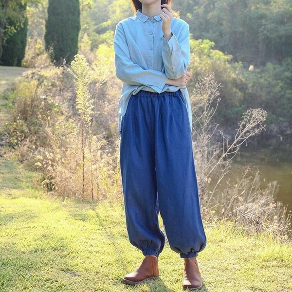 Loose Solid Color Vintage Linen Pants Ladies Elastic Waist Flax Trousers - Omychic