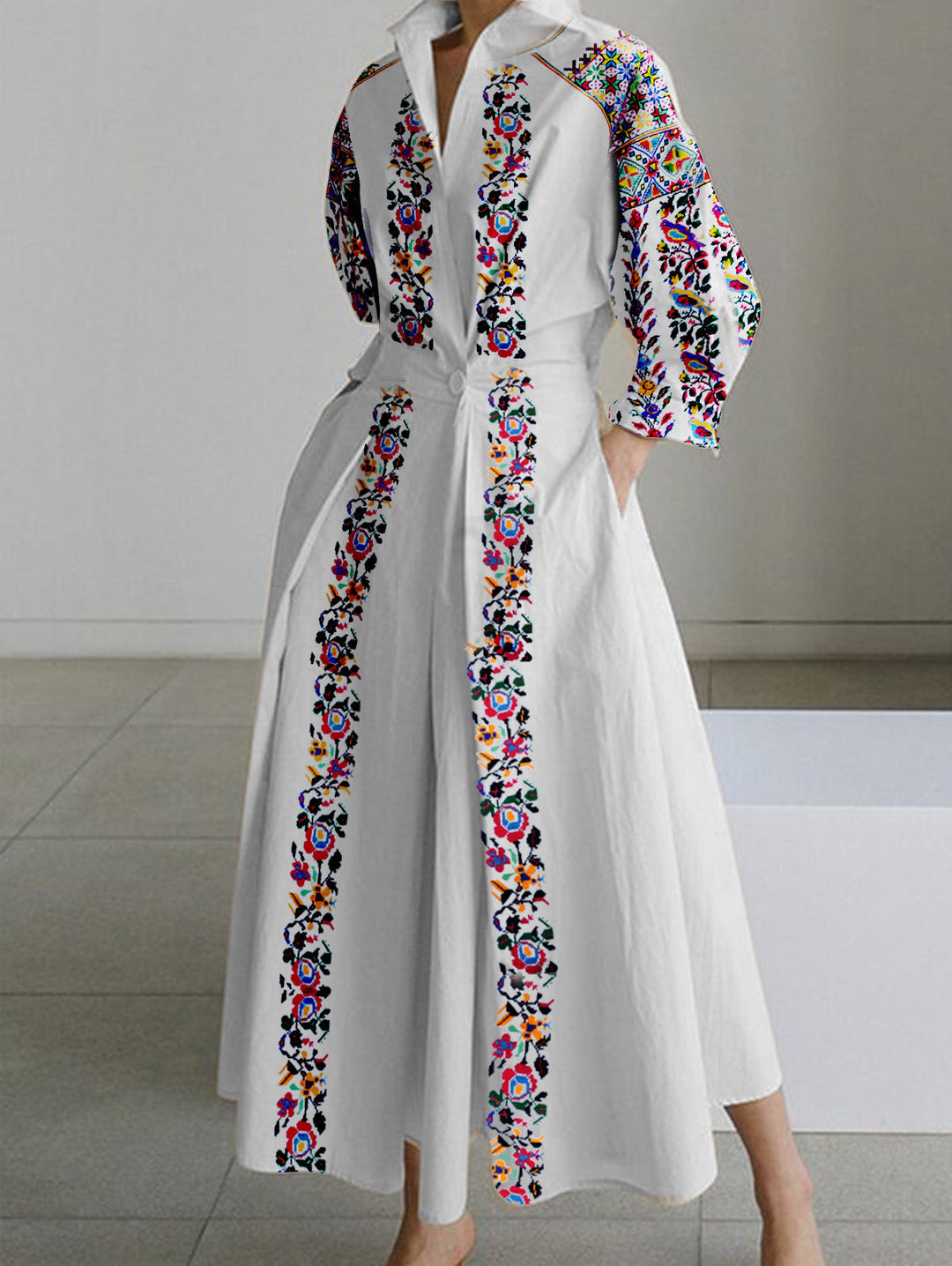Plus Size Floral Print Slant Pocket A-line Midi Dress