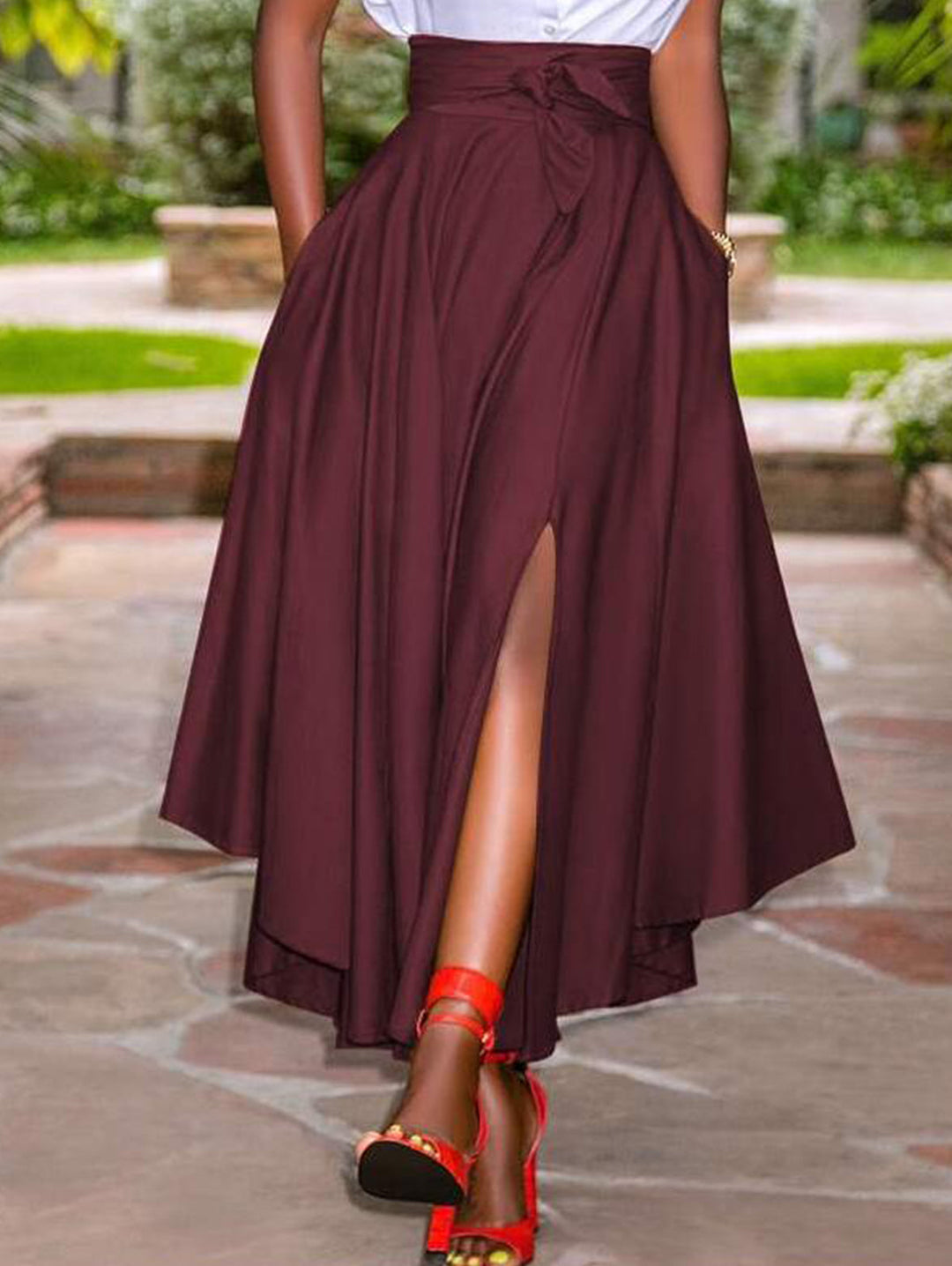 Women Summer Knot Front High Waist Slit Skirt