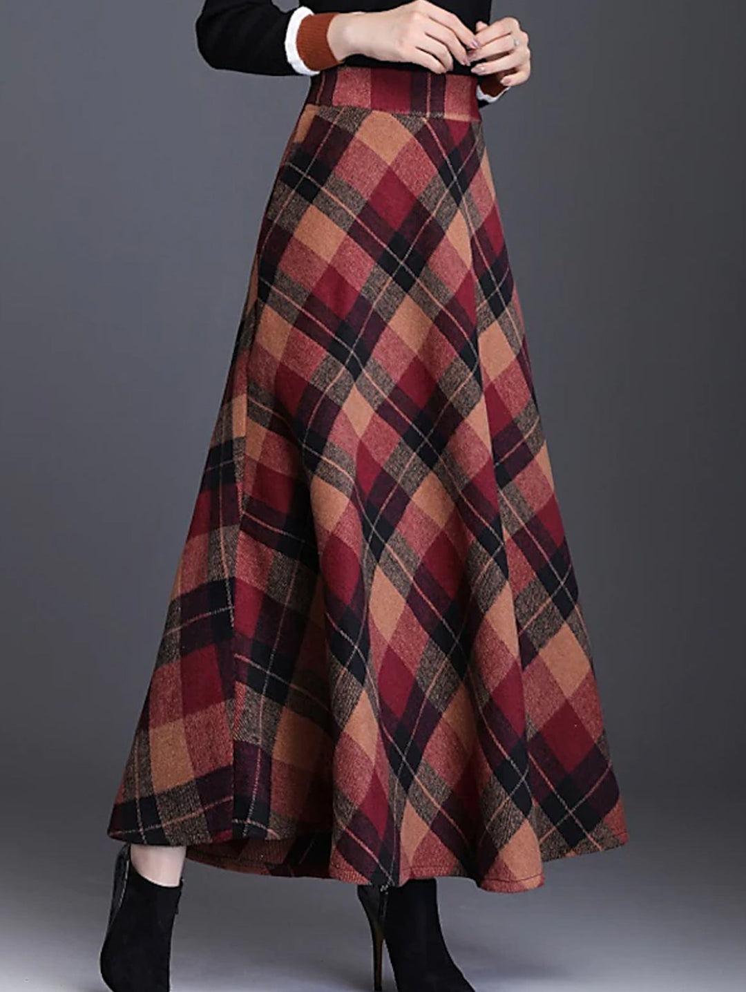 Loose Casual Tartan High Waist Cotton Flared Skirt