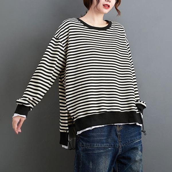 100% Cotton  New Arrival 2021 Autumn Winter Korean Simple Style Striped Loose Female Pullovers Tops - Omychic