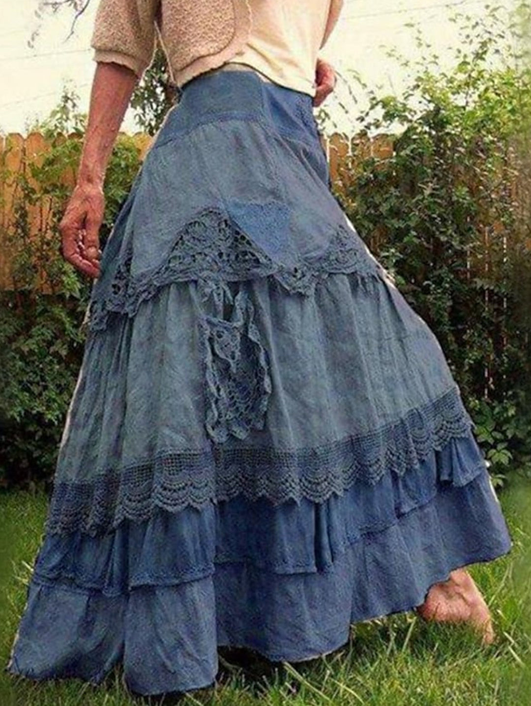 High Waist Lace Up Trim Colorblock Cotton Skirt