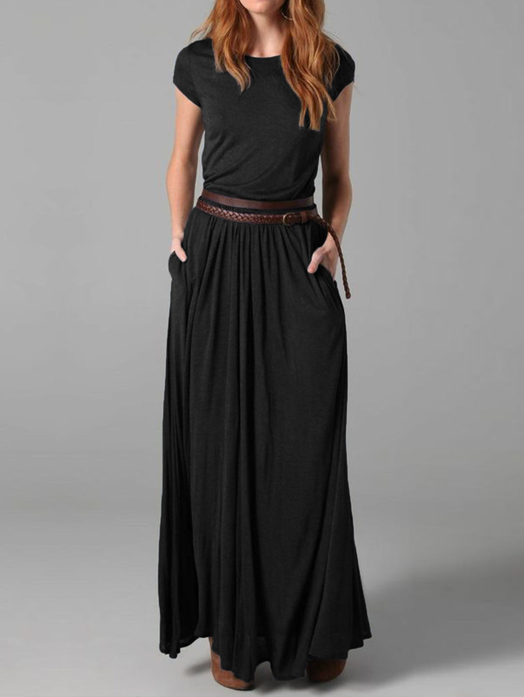 Women Summer Elegant Solid Color Crew Neck Dress