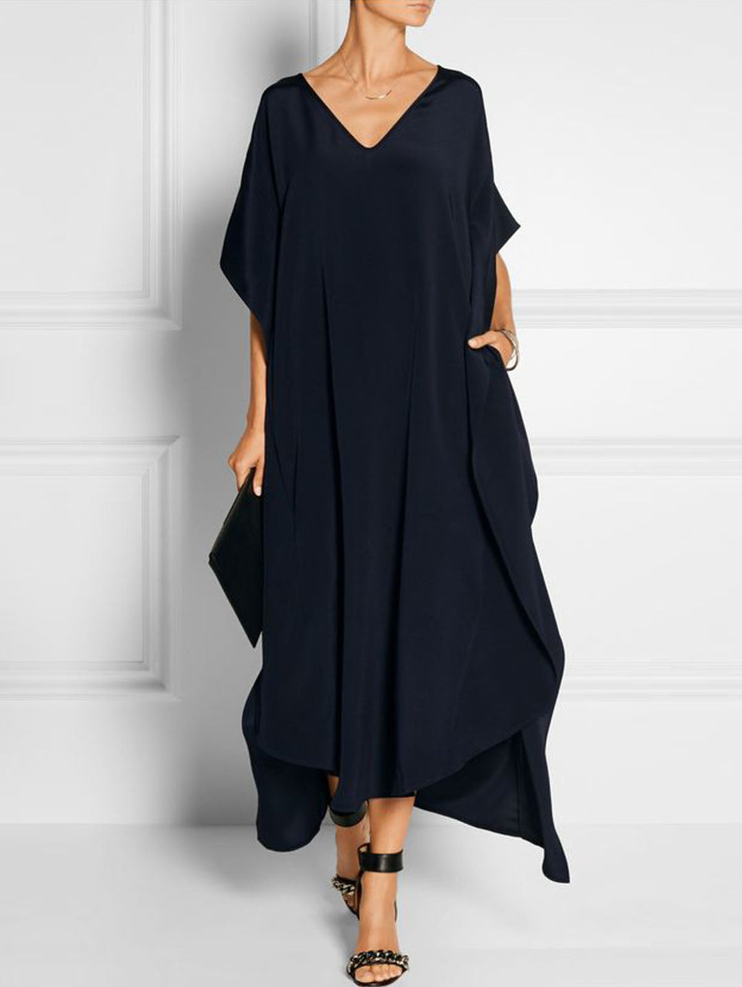 Summer Elegant Black V Neck Maxi Dress Short Sleeve