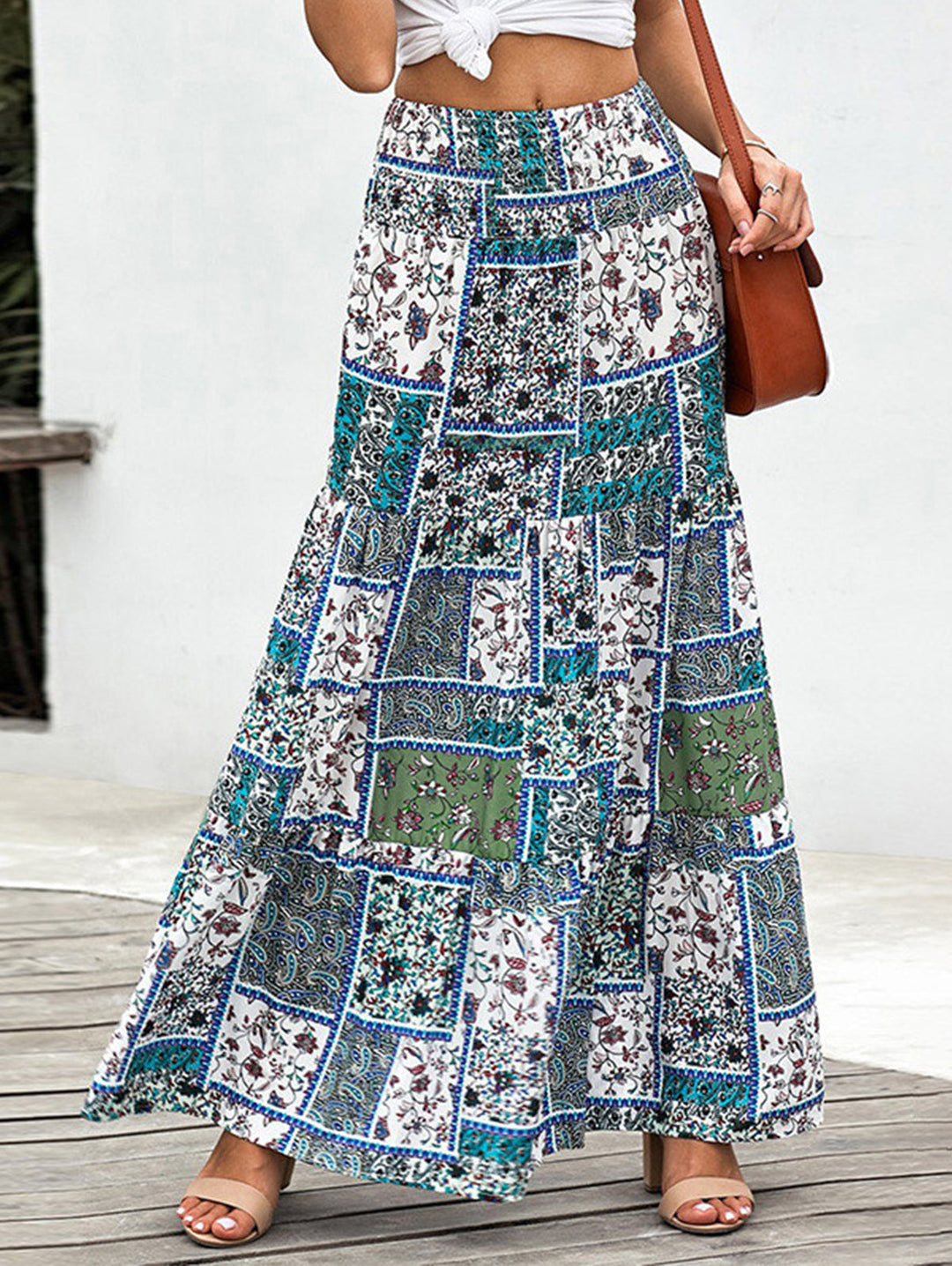 Boho Green Patchwork Shirred A Line Maxi Skirt