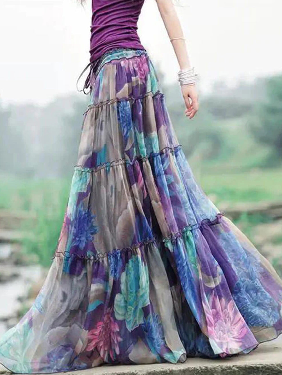 Bohemian Floral Print Drawstring Wrinkled Cotton Big Swing Maxi Skirt