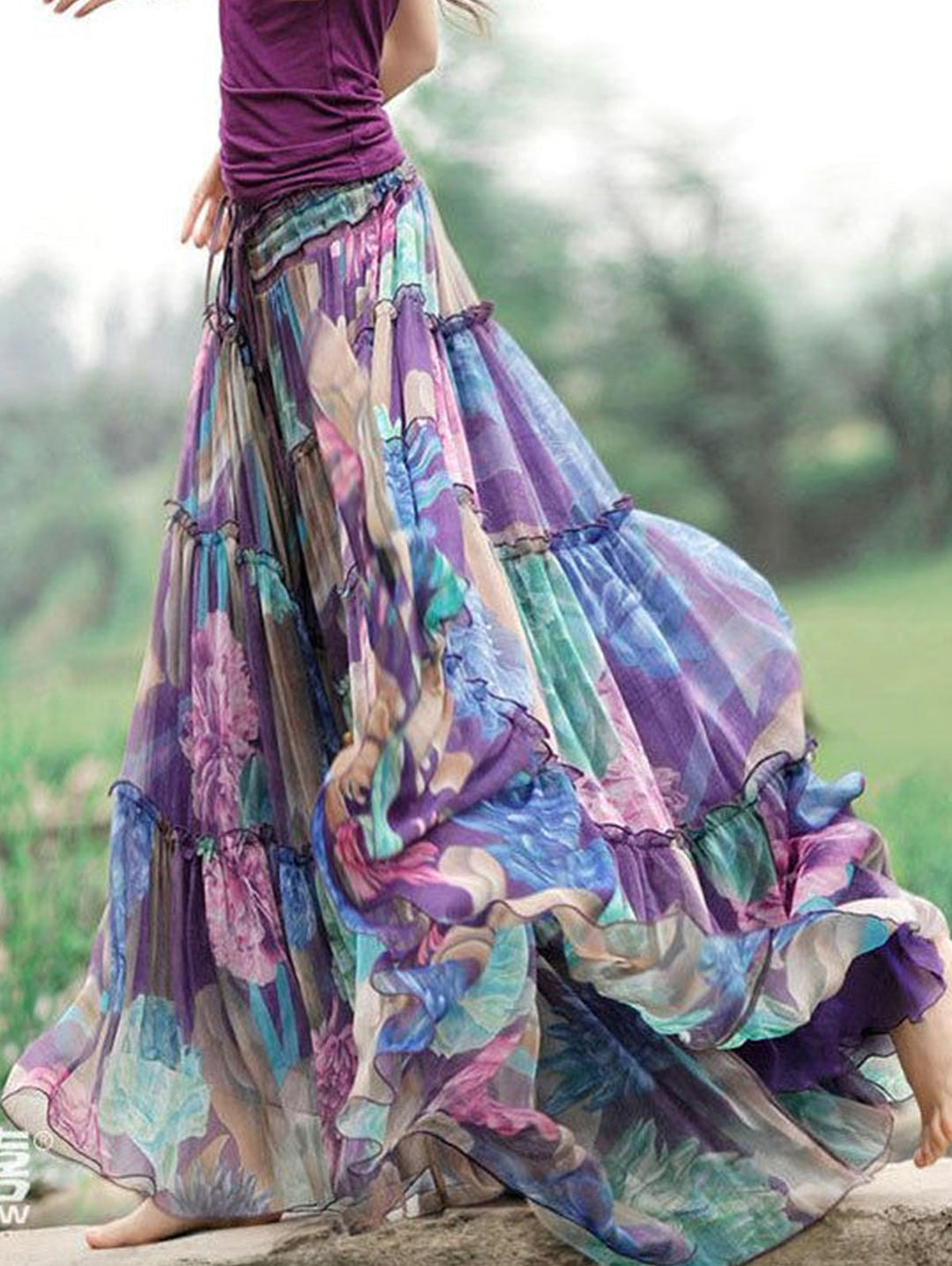 Bohemian Floral Print Drawstring Wrinkled Cotton Big Swing Maxi Skirt