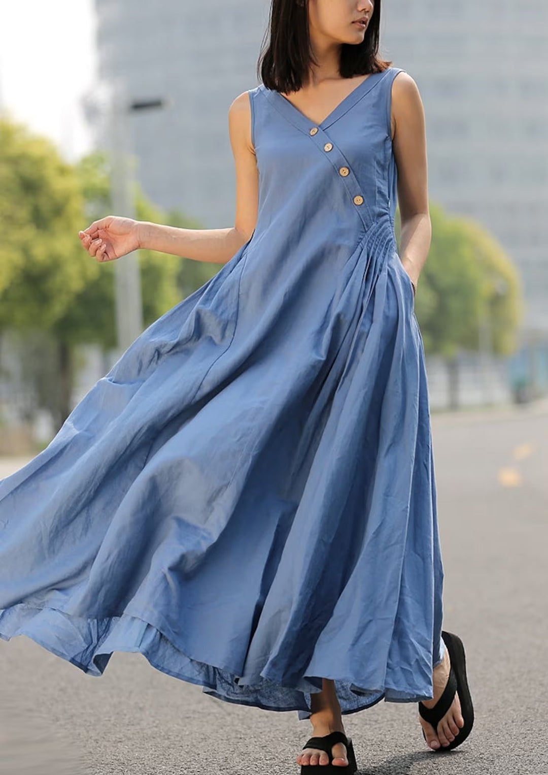 Loose Casual Plain V-Neck Big Swing Denim Dress