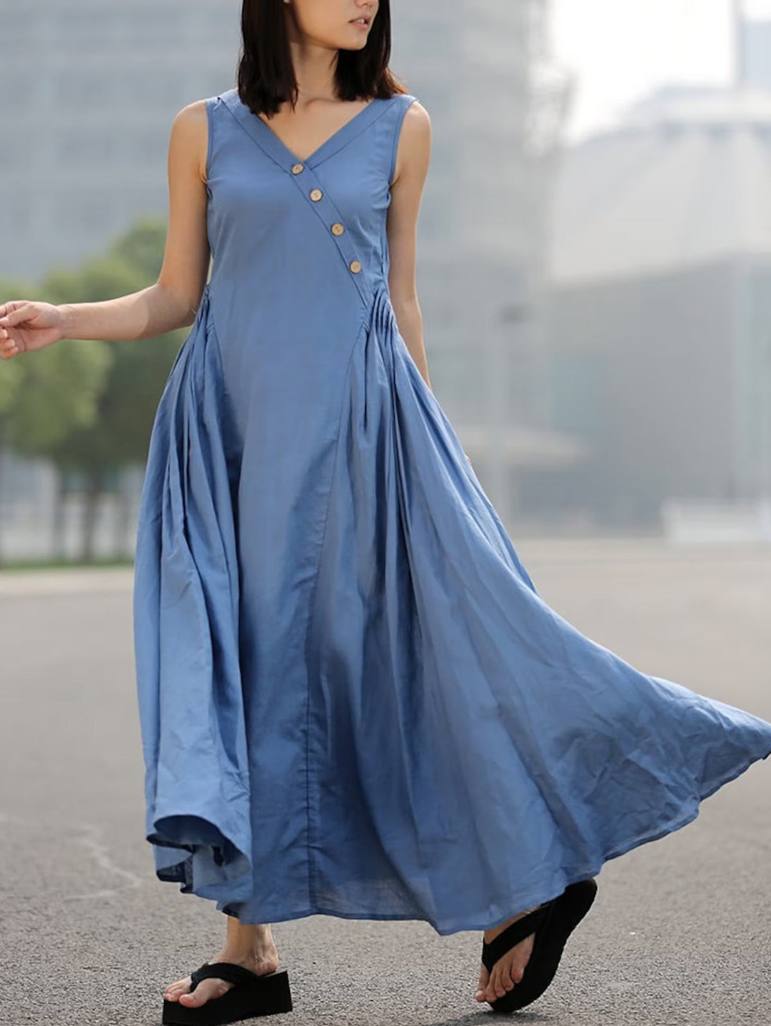 Loose Casual Plain V-Neck Big Swing Denim Dress