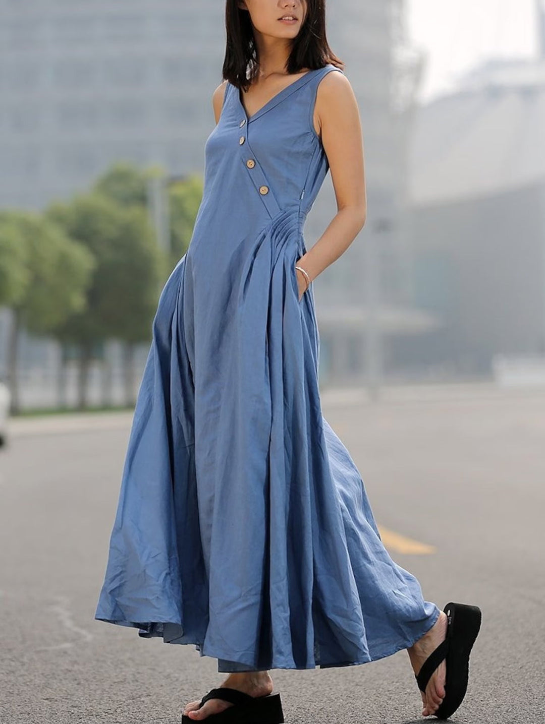 Loose Casual Plain V-Neck Big Swing Denim Dress