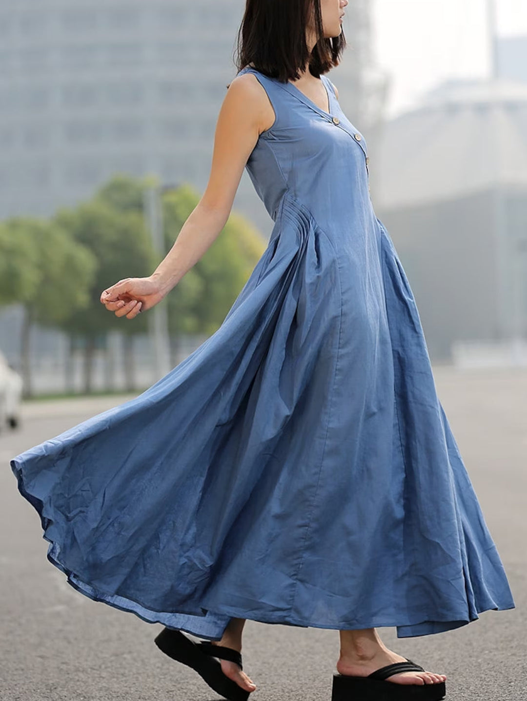 Loose Casual Plain V-Neck Big Swing Denim Dress