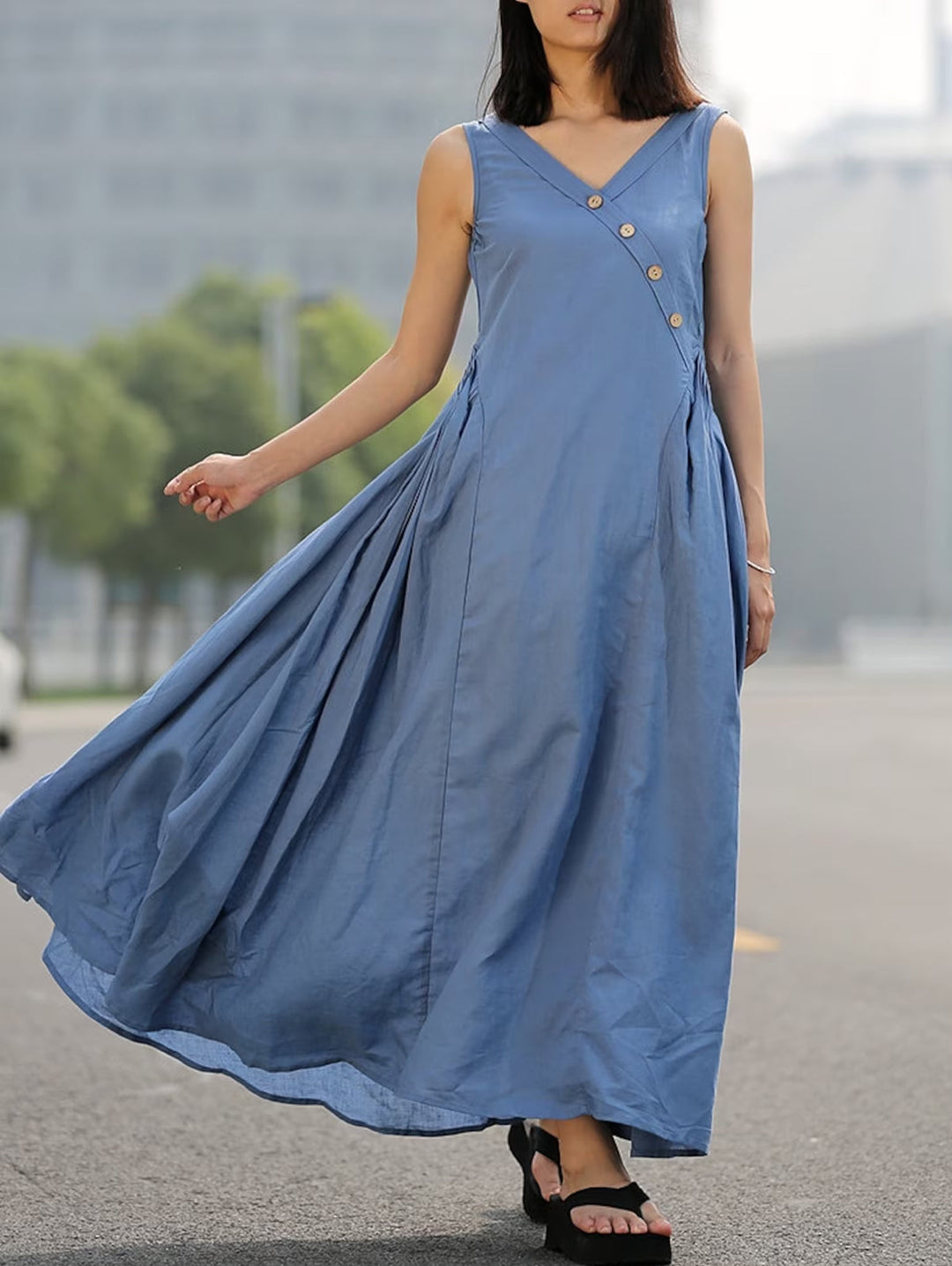 Loose Casual Plain V-Neck Big Swing Denim Dress