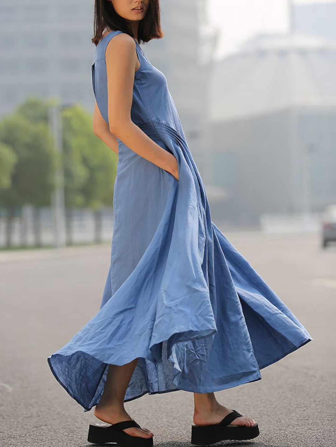 Loose Casual Plain V-Neck Big Swing Denim Dress