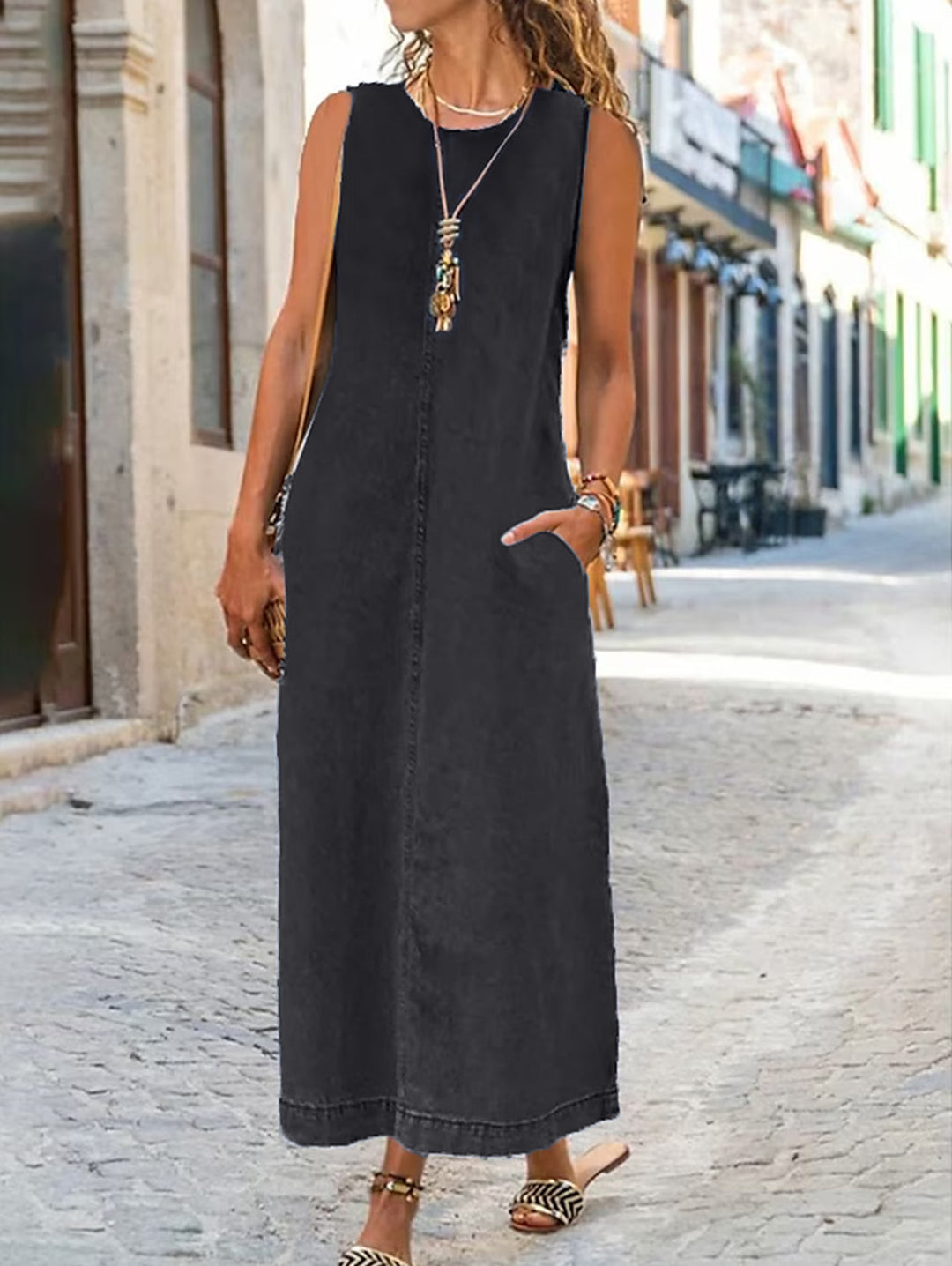 Summer Plain Crew Neck Pocket Long Denim Dress