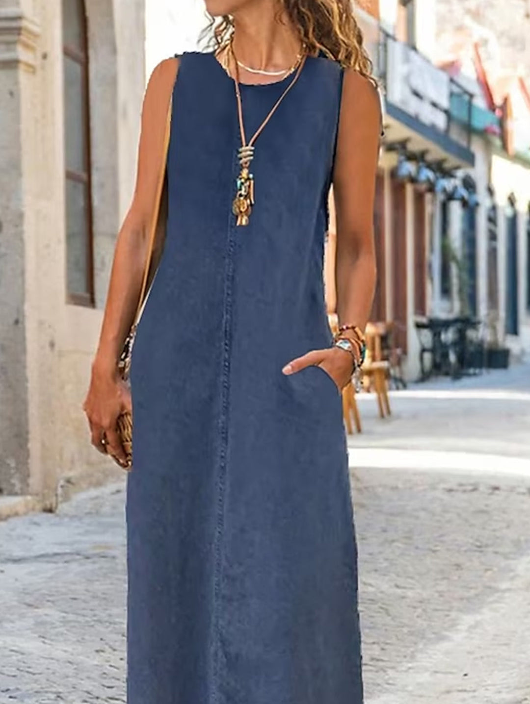 Summer Plain Crew Neck Pocket Long Denim Dress