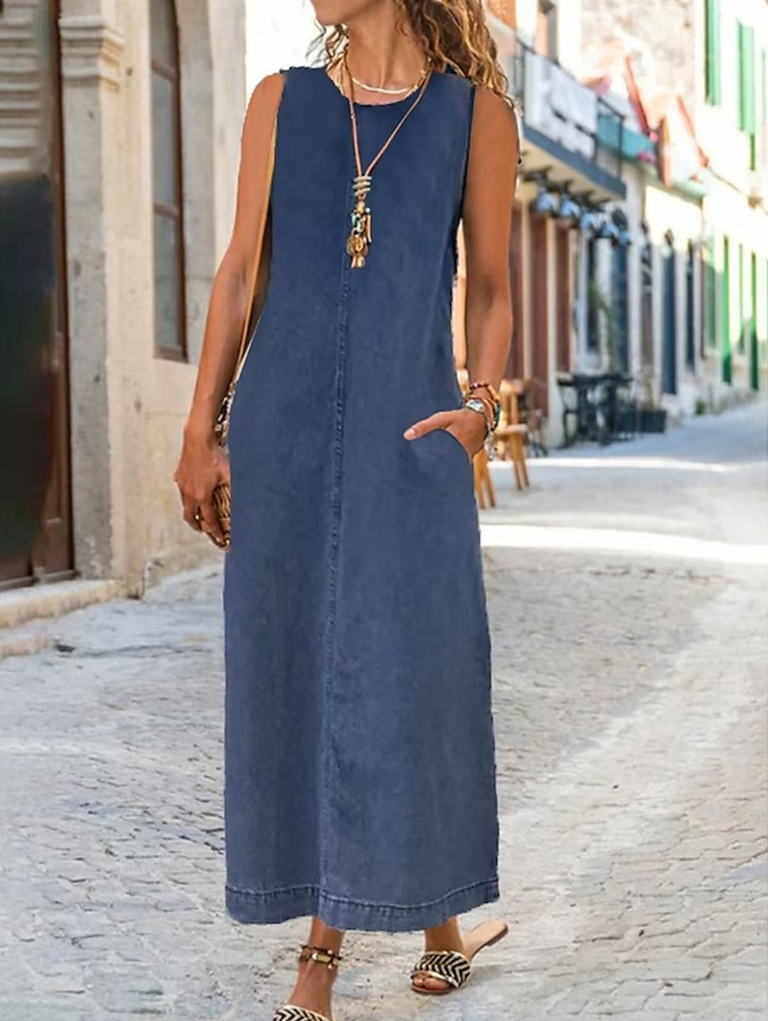 Summer Plain Crew Neck Pocket Long Denim Dress