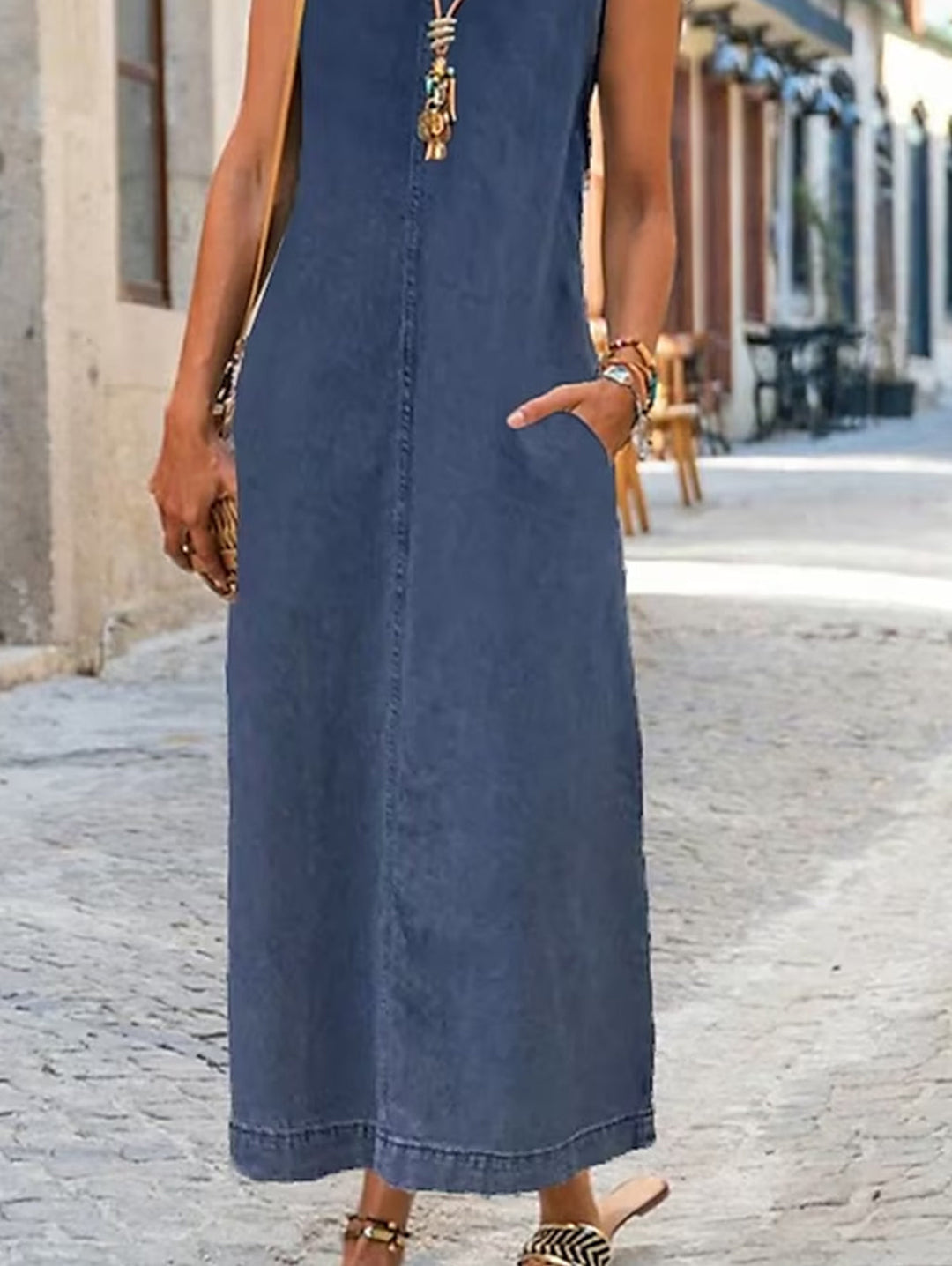 Summer Plain Crew Neck Pocket Long Denim Dress