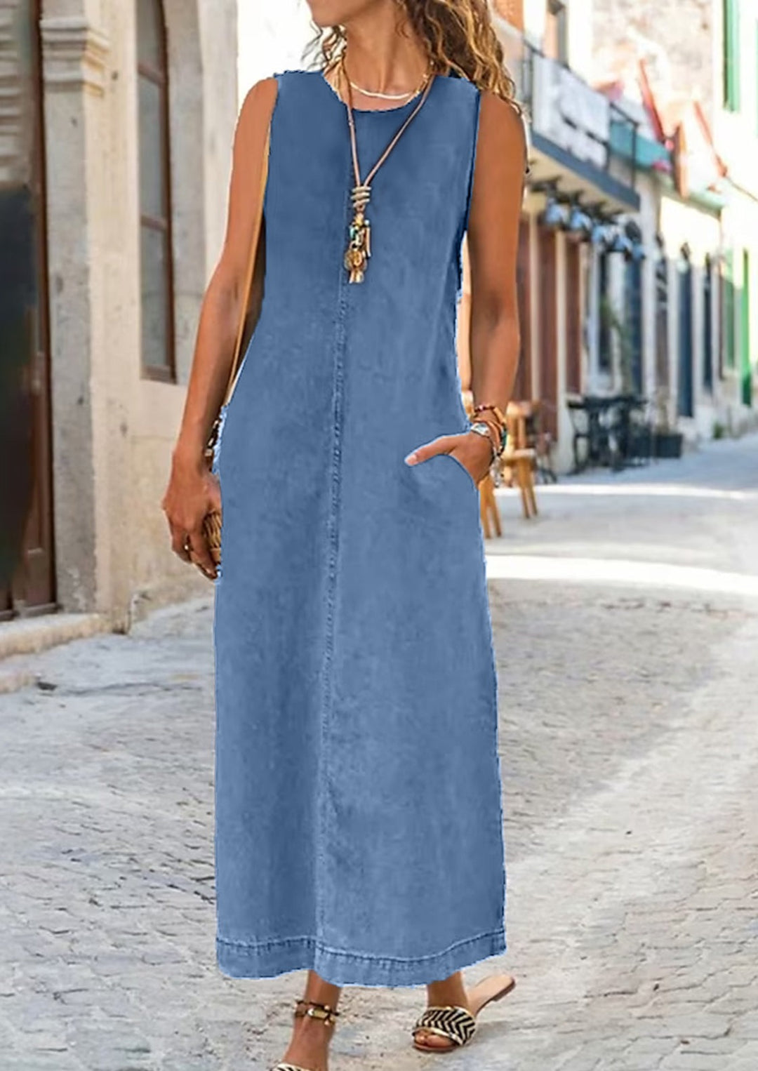 Summer Plain Crew Neck Pocket Long Denim Dress