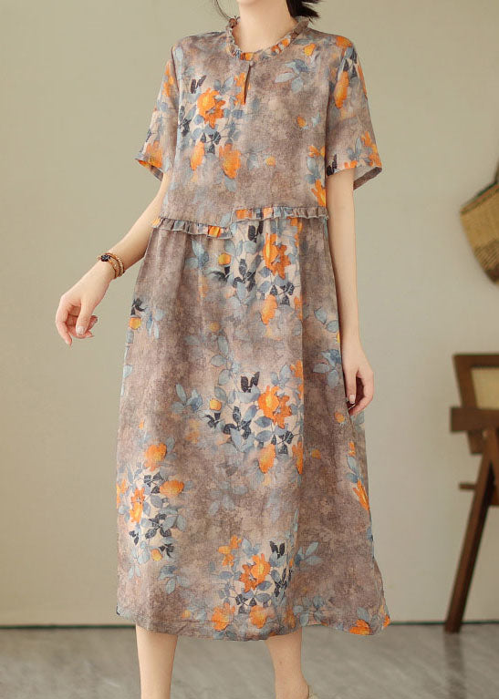 Women Khaki Ruffled Print Patchwork Cotton Dress