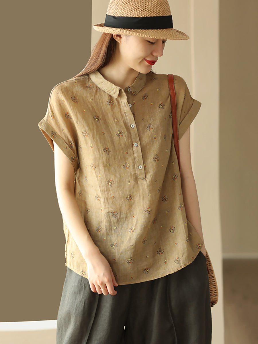 Women Summer Vintage Geometric Print Button Linen Shirt