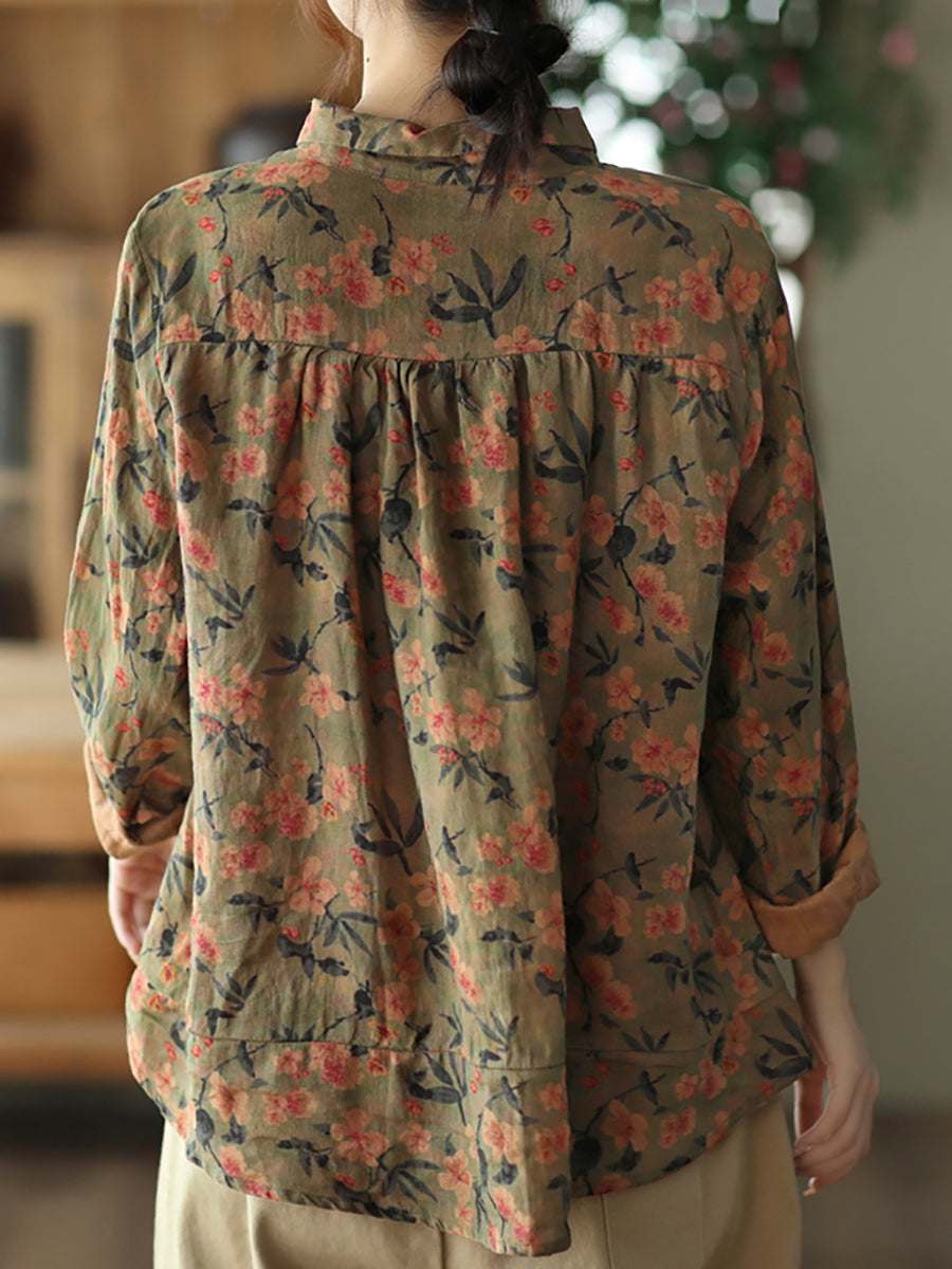 Vintage Printed Linen Shirt Turn-down Collar Top