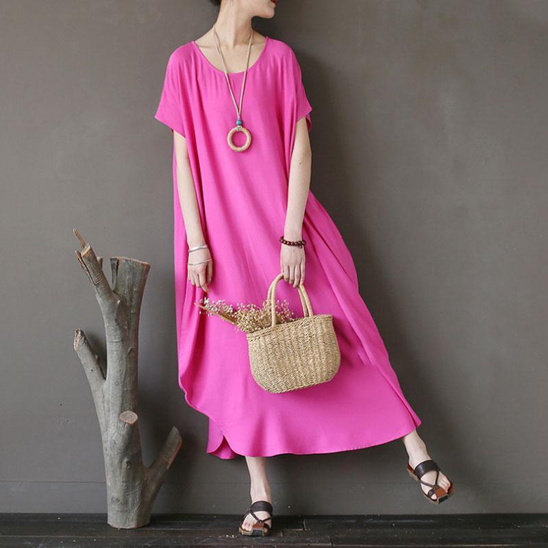 Women Cotton Short Sleeve Plain Pink Loose Dress - Omychic