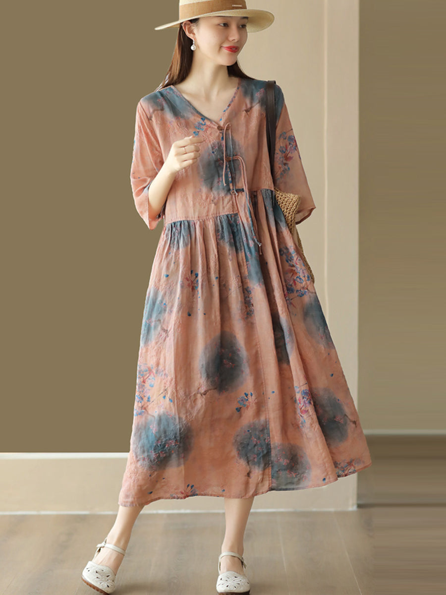 Flower Print National Drawstring Pleated Ramie Dress